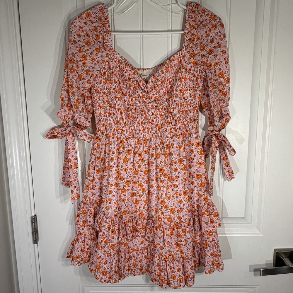 Lena Pink Orange Floral Smocked Mini Dress Tie Sleeve Cottagecore Boho
